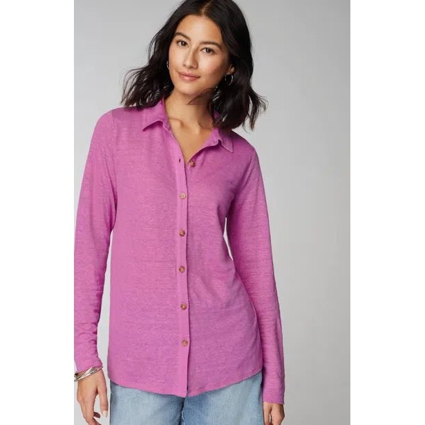 J Jill Love Linen Womens Button Up Shirt M Purple Knit Long Sleeve Coastal Airy